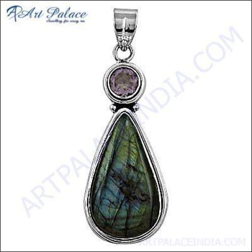 Amethyst Labradorite Gemstone Silver Pendant showcasing intricate design and vibrant colors of gemstones.