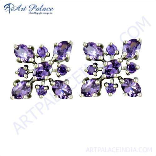 Elegant Amethyst Zircon Silver Stud Earrings showcasing a rich purple hue set in a shiny silver base, perfect for any occasion.