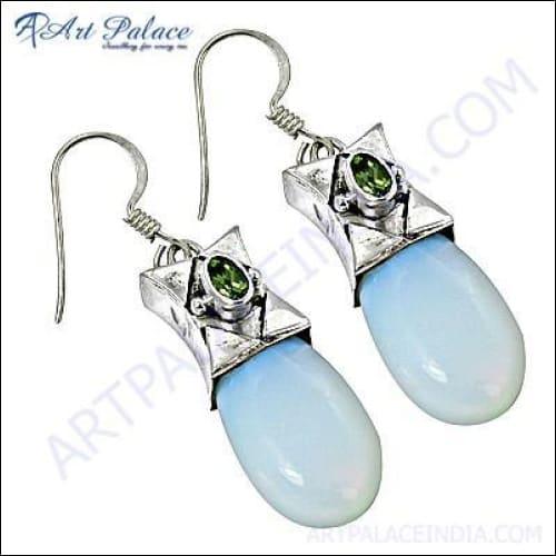 Elegant Peridot and Synthetic Opal Silver Earrings showcasing vibrant green and iridescent colors, perfect for any occasion.