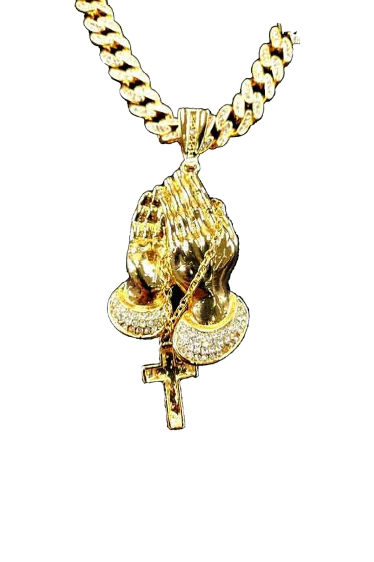 A stylish Praying Hands Pendant Cuban Chain Necklace featuring a detailed praying hands pendant on a durable Cuban chain.