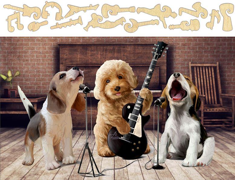 Puppy Band Jigsaw Puzzle #6737 featuring 151 pieces, vibrant puppy design, and packaged in a cardboard box with burlap bag.