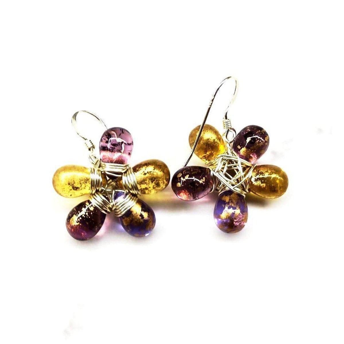 Handmade sterling silver earrings featuring purple and yellow Czech glass beads, elegantly designed with a floral inspiration.