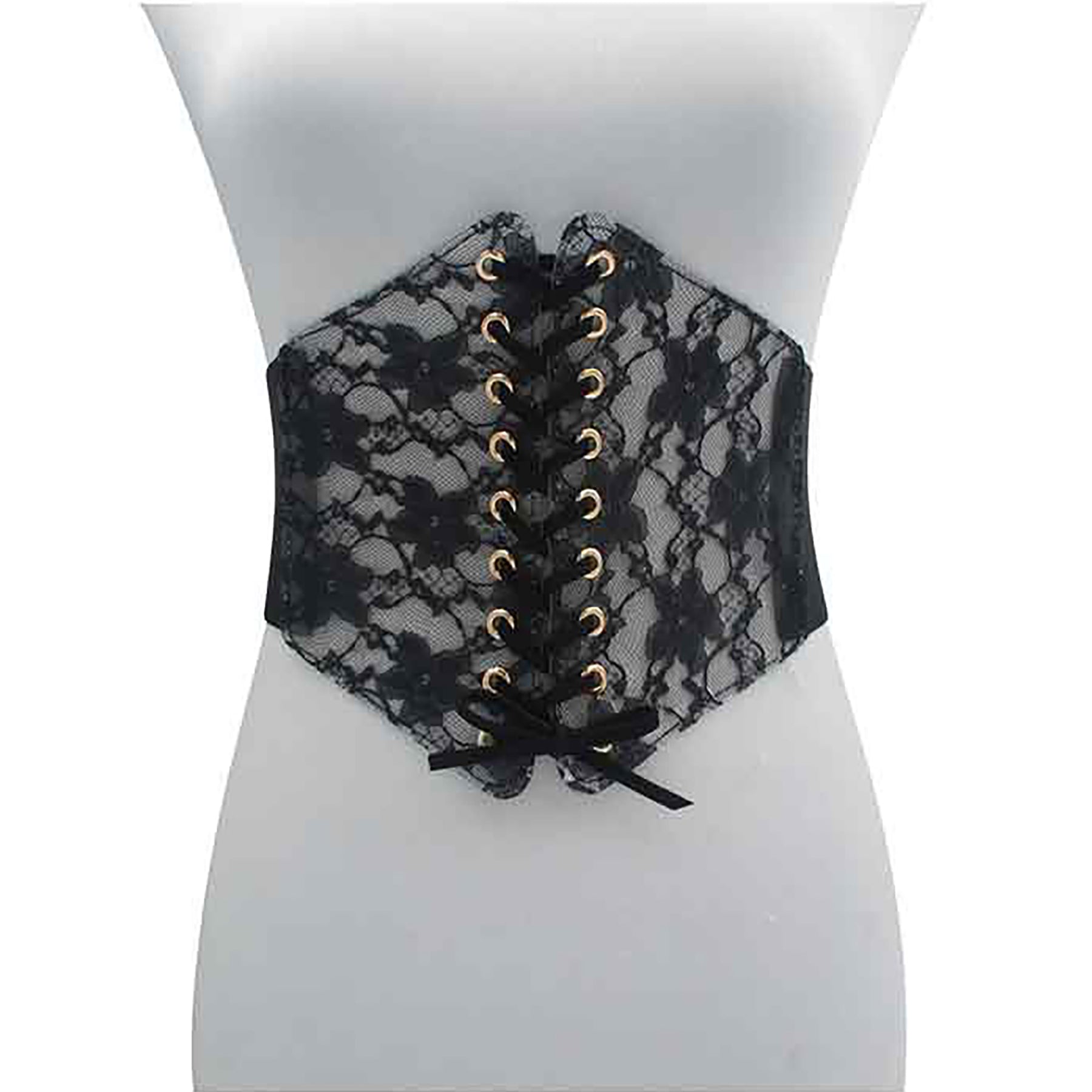 A stylish PVC lace-up elastic corset belt in black, featuring a snap button closure and a stretchable design for a comfortable fit.