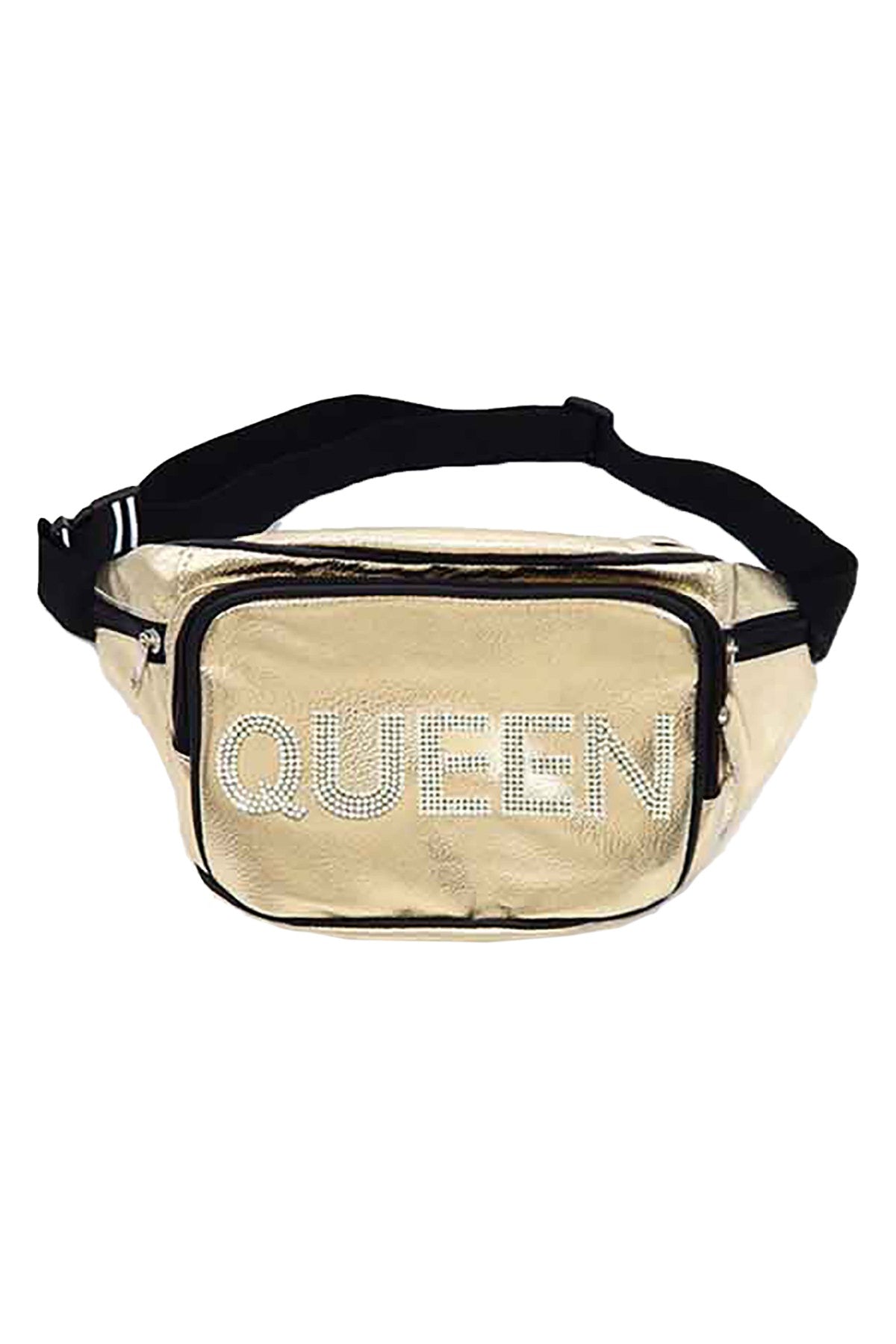 QUEEN LETTER RHINESTONE FANNY PACK made of smooth PU leather with rhinestone detailing and adjustable strap.