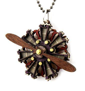 Radial Two Propeller Engine Necklace 7001A featuring a spinning propeller, made from sustainably sourced wood in vibrant colors.
