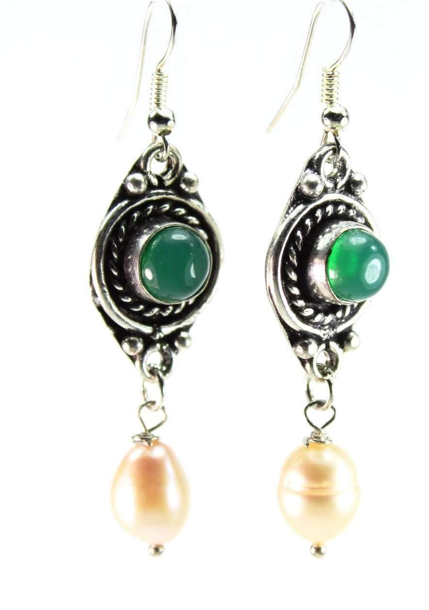 Radiant Green & Pearl Drop Earrings featuring aqua green glass stone and baroque freshwater cultured pearls in a silver tone antique style.