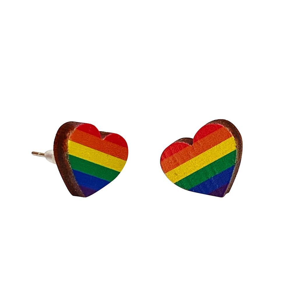 Colorful Rainbow Heart Stud Earrings made from lightweight laser-cut wood with a natural wood back, featuring hypoallergenic silver plated brass ear studs.