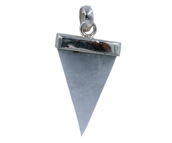 A stunning Rainbow Moonstone Triangle Pendant crafted from solid 925 silver, showcasing its unique colors and elegant design.