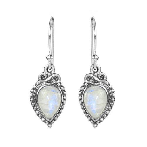 A pair of elegant silver earrings featuring pear-shaped rainbow moonstone cabochons, showcasing their unique color play.