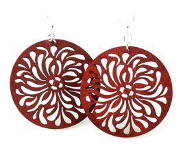 Raindrop Circle Earrings in Cherry Red, featuring a unique laser-cut design made from sustainable wood and hypoallergenic stainless steel.
