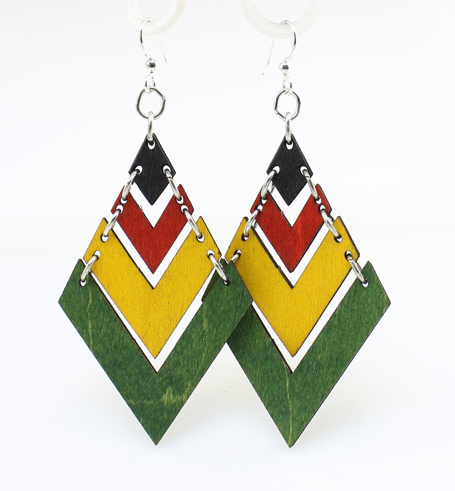 Rasta Fountain Pyramid Earrings made from sustainably sourced wood, featuring a unique pyramid design with silver-finished stainless steel ear wires.