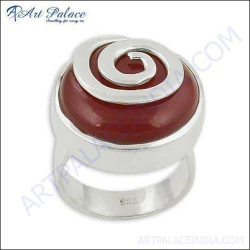 A beautiful Red Onyx Gemstone Silver Ring featuring a deep red onyx stone set in a 925 sterling silver spiral design, showcasing elegance and craftsmanship.