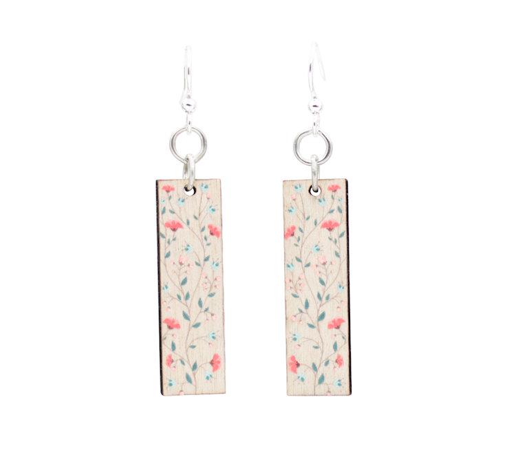A pair of Retro Blossom Earrings #193 made from sustainably sourced wood with silver-finished stainless steel ear wires, showcasing a unique floral design.