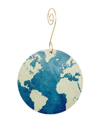 Retro Earth Ornament #9938 made from eco-friendly birch wood or recycled paper, featuring a laser-cut design and glossy finish.