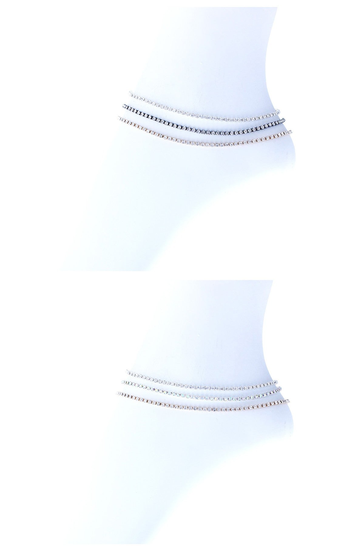 Rhinestone 3 strands mixed color anklet featuring vibrant rhinestones and a lobster claw clasp with extender.