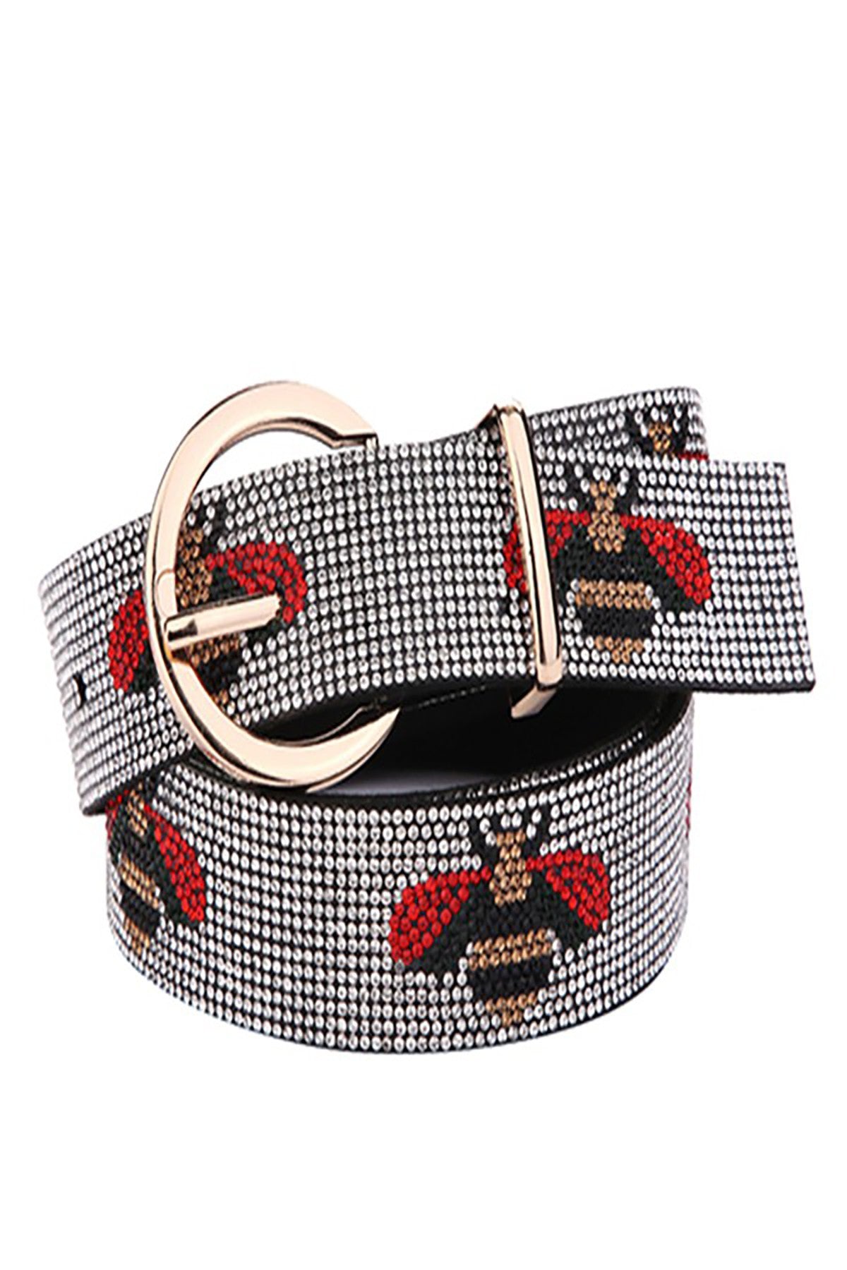 A stylish rhinestone bee pattern belt, measuring 46 inches by 1.25 inches, featuring sparkling rhinestones and a fashionable design.