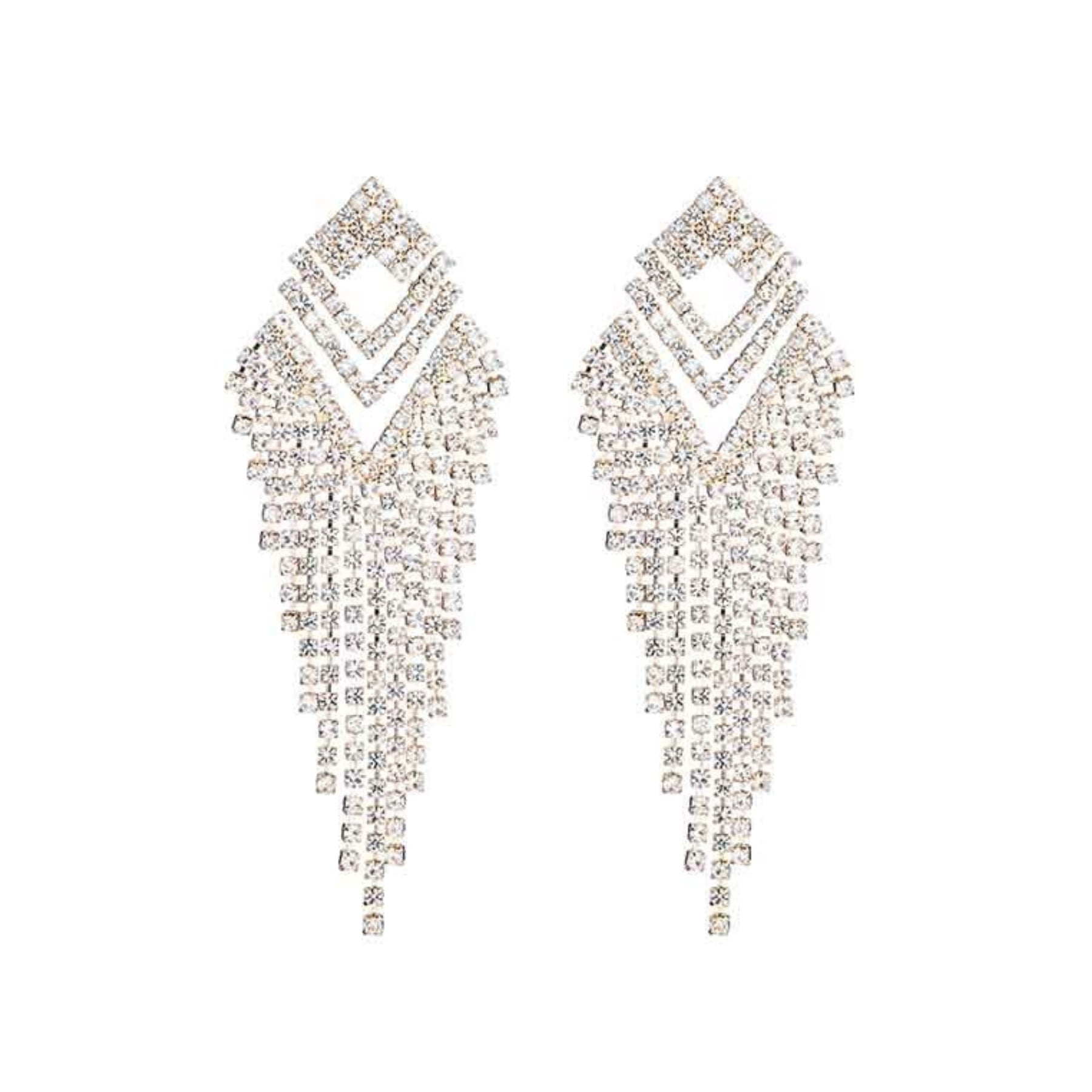 Elegant Rhinestone Chevron Shape Fringe Earrings with sparkling details and fringe design, perfect for stylish occasions.