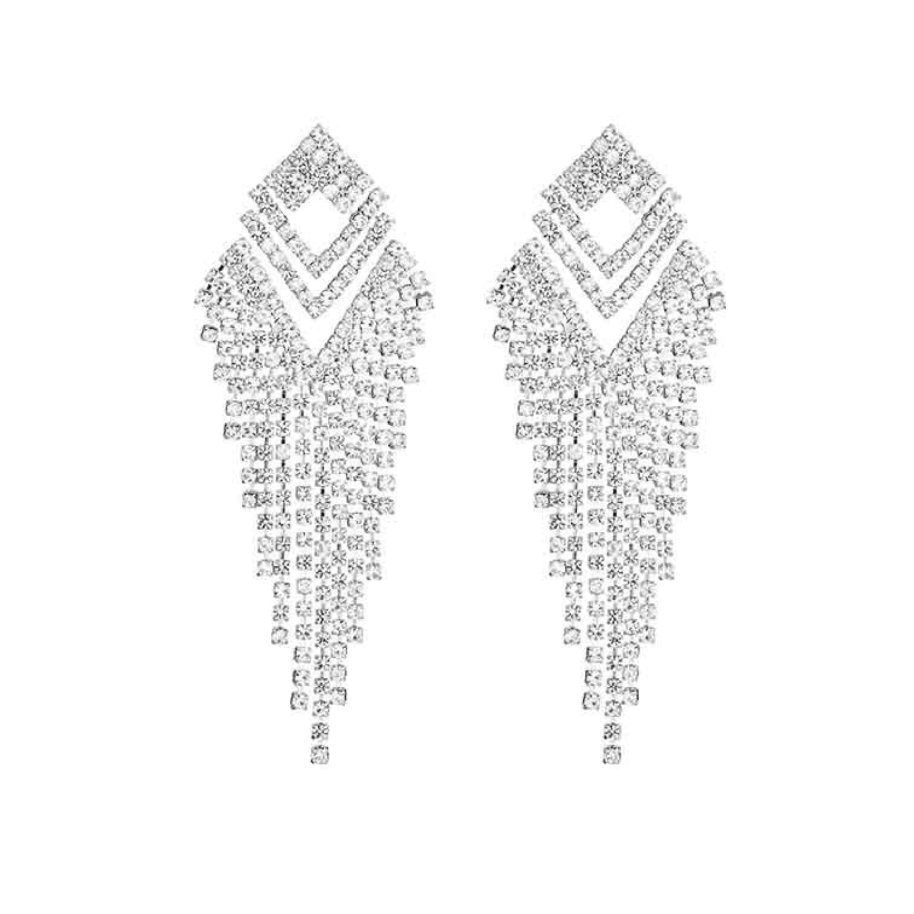 Elegant Rhinestone Chevron Shape Fringe Earrings with sparkling details and fringe design, perfect for stylish occasions.