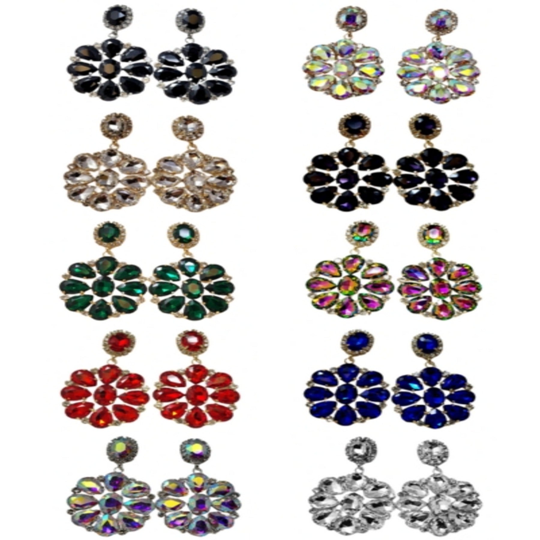 A pair of elegant rhinestone crystal stone flower earrings with a sparkling design, featuring a post back closure.