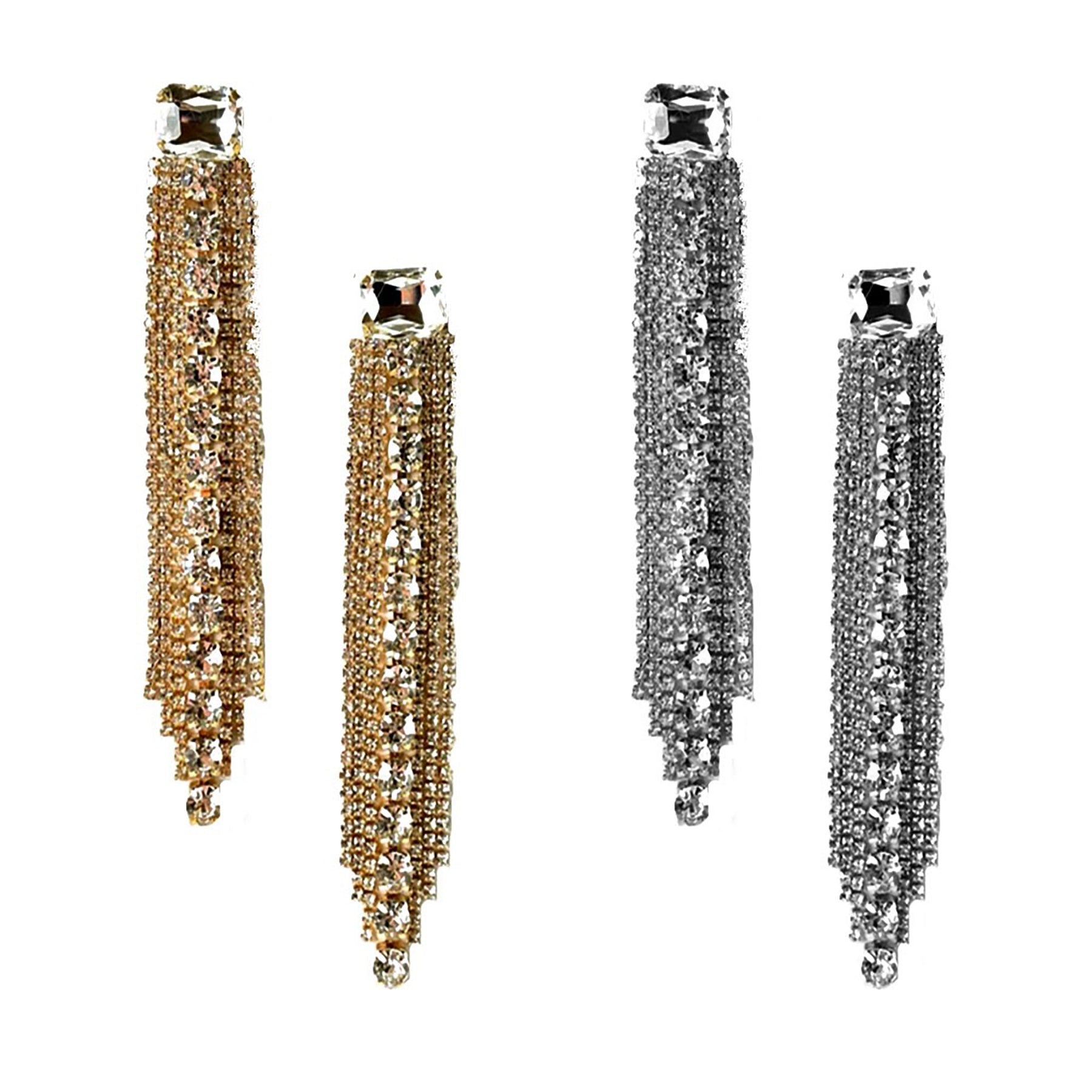 Elegant Rhinestone Fringe Drop Earrings with shimmering rhinestones and a post back closure, perfect for evening wear.