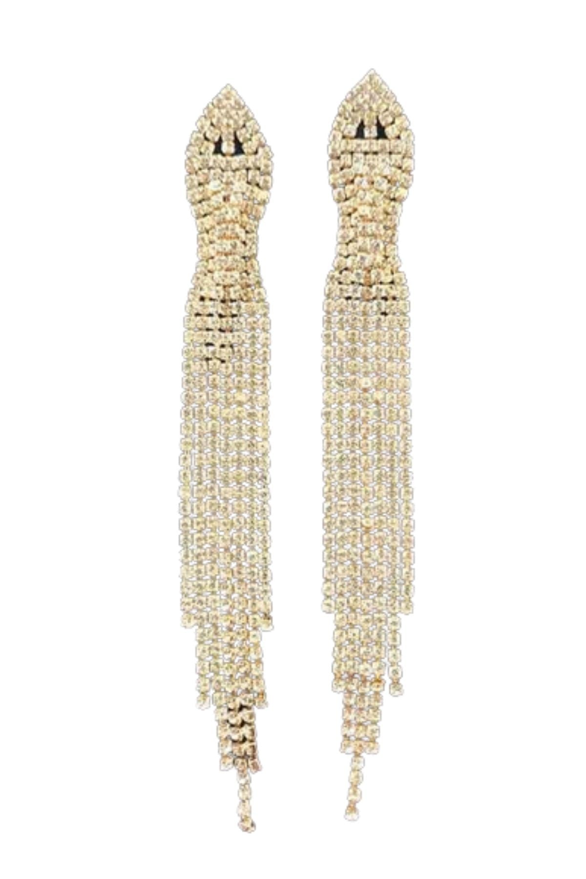 Elegant rhinestone fringe earrings with a 6.5-inch drop, featuring a secure post back closure, perfect for special occasions.