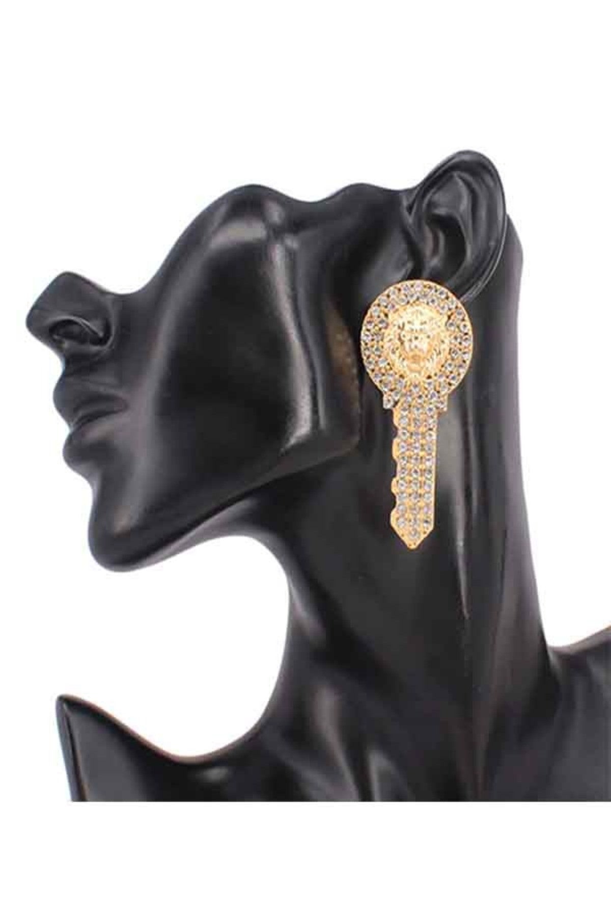 Rhinestone Key Lion Dangle Earring featuring a stunning lion design with sparkling rhinestones and a secure post back closure.