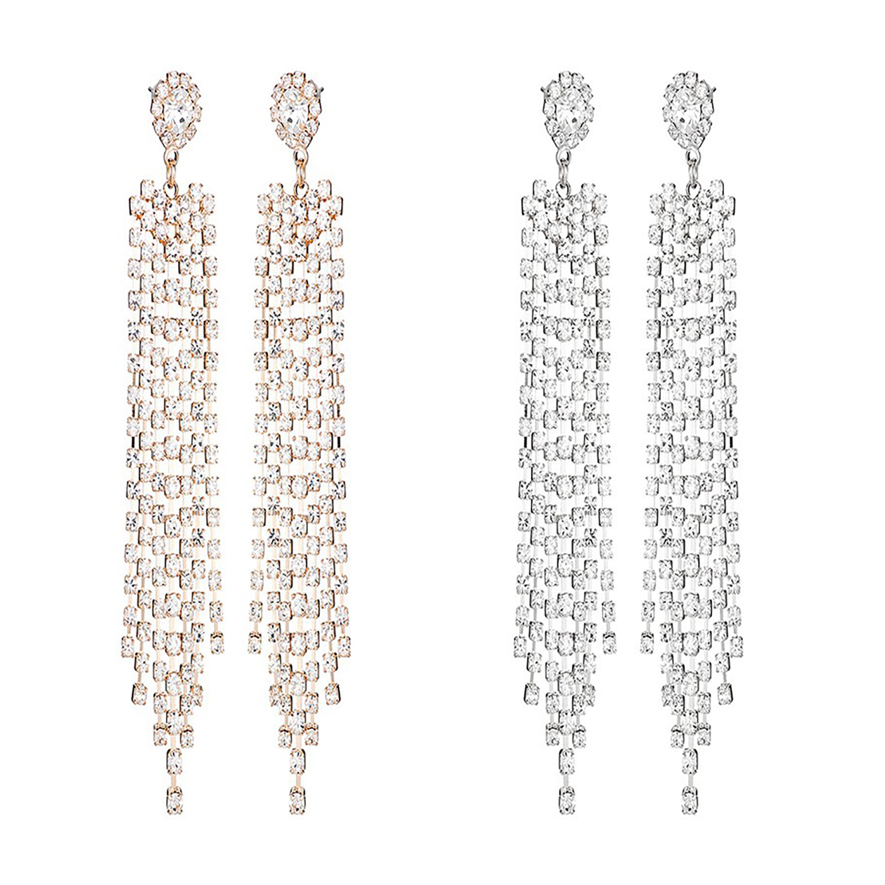 A pair of elegant rhinestone round top fringe earrings, featuring sparkling embellishments and a stylish design, perfect for evening wear.