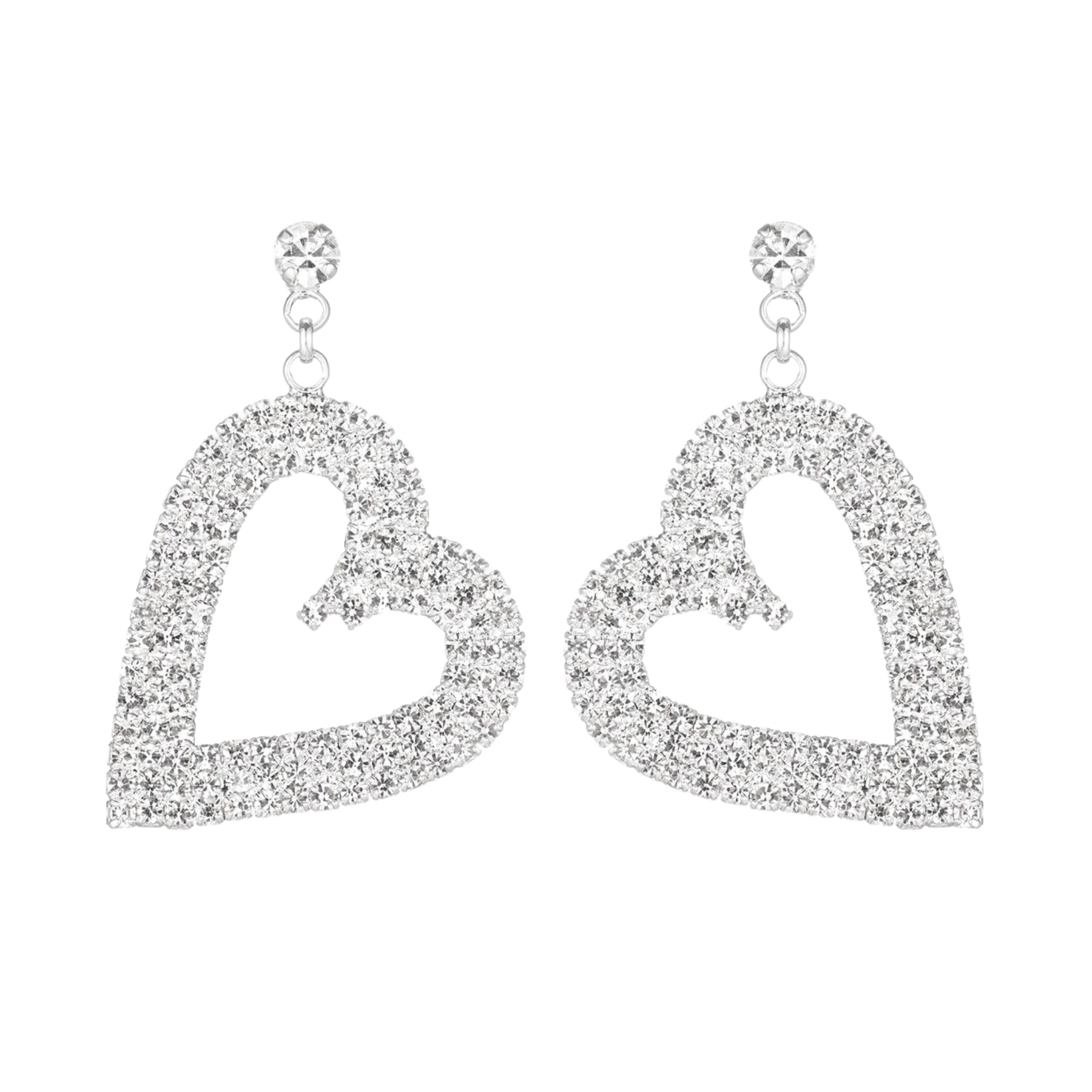 Rhinestone Three Line Heart Drop Earrings featuring a sparkling heart design with three lines of rhinestones, perfect for elegant occasions.