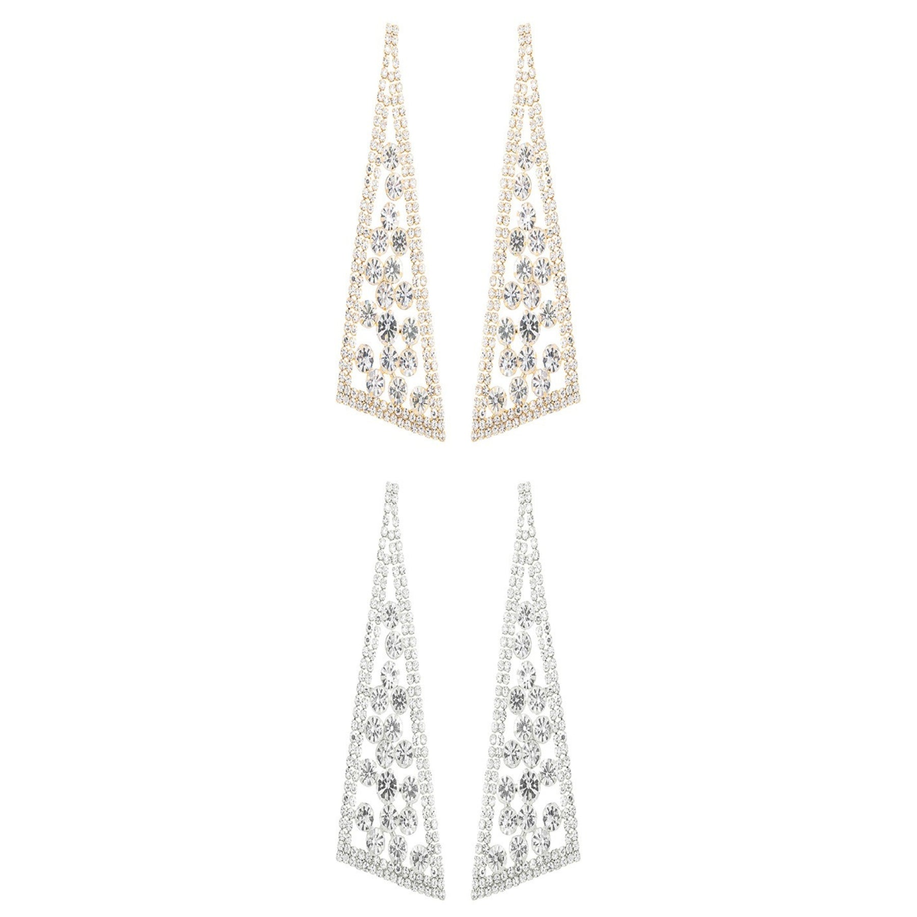 A pair of elegant rhinestone triangle statement earrings, showcasing a sparkling design with a post back for secure wear.