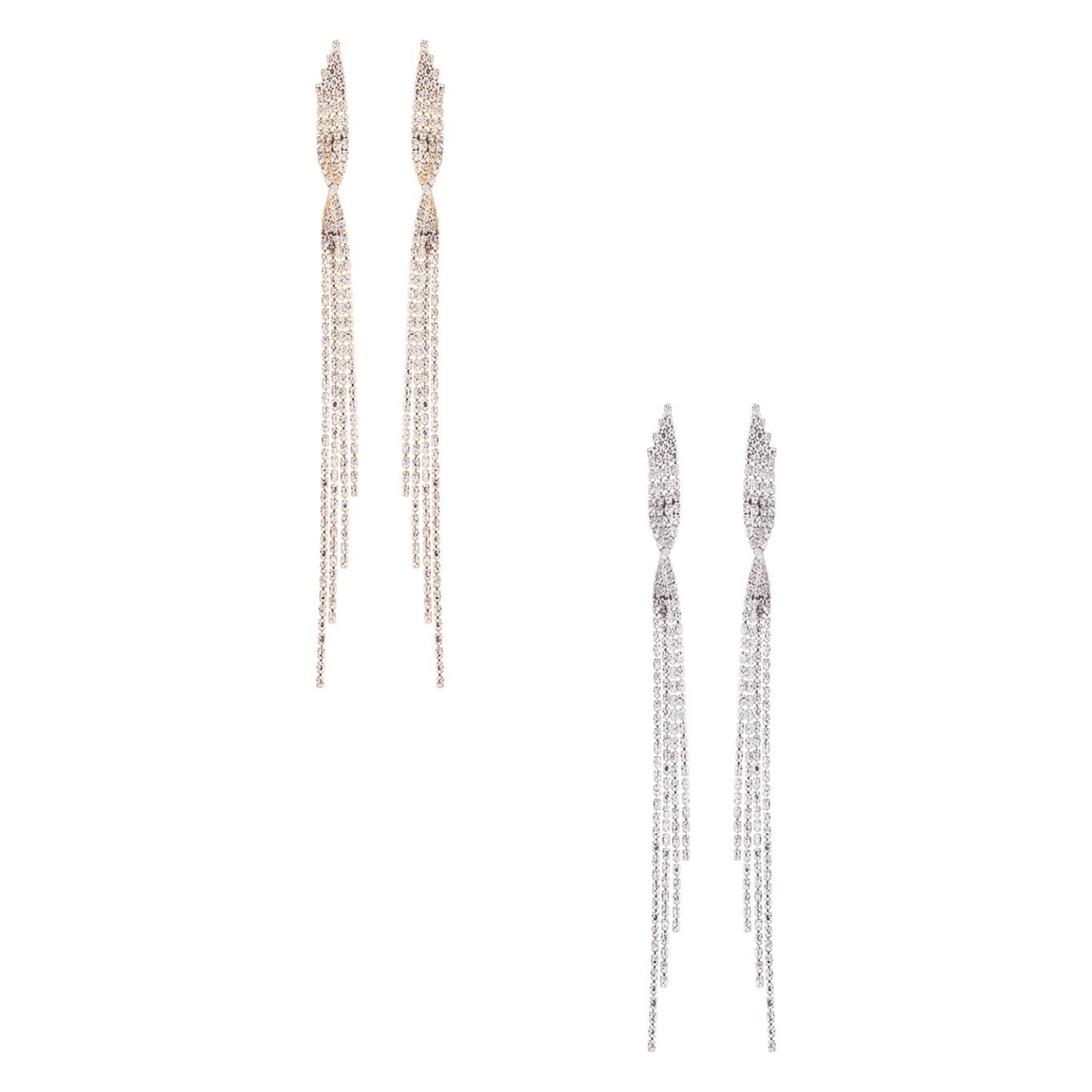 Rhinestone Twist Tassle Post Earrings featuring elegant design and sparkling rhinestones.