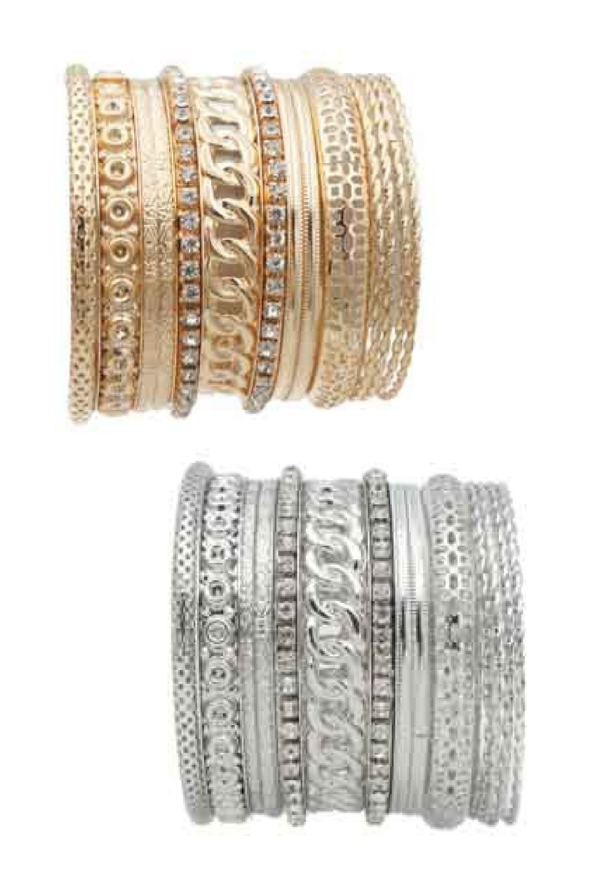 A stylish 15-piece bangle set featuring rhinestone, chain, and textured designs, perfect for layering and accessorizing.