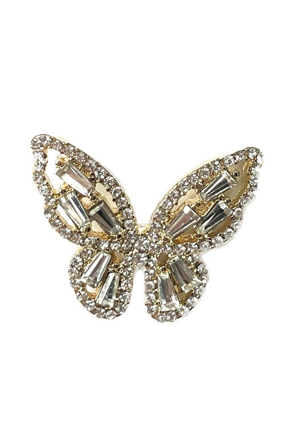 A pair of elegant rhinestone butterfly earrings with sparkling accents, designed for a secure fit.
