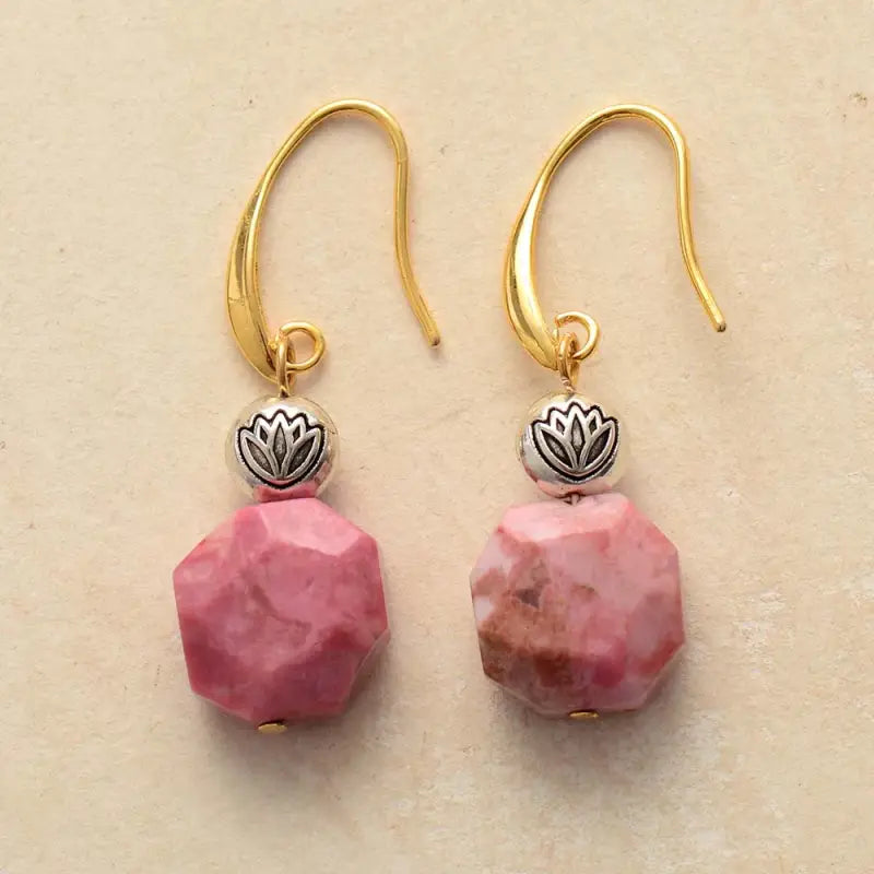 Elegant Rhodonite Lotus Dangle Earrings showcasing a beautiful lotus design with semi-precious Rhodonite stones.