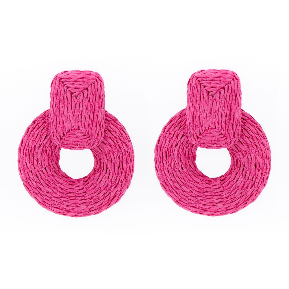Rnd Col Raffia Wrap Earring featuring vibrant fuchsia, lavender, and orange colors with a stylish raffia wrap design.