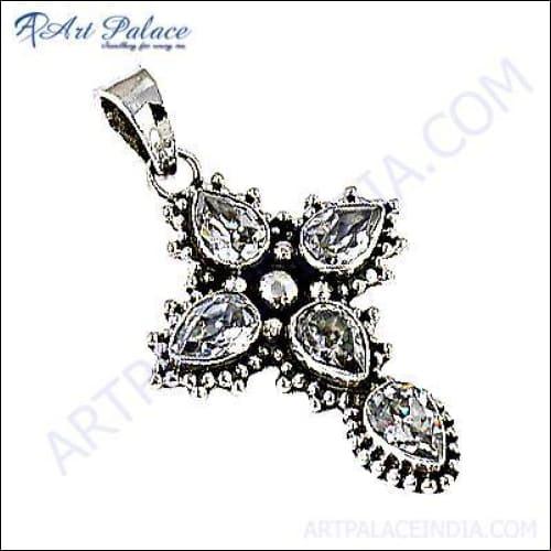 Rocking Style Silver Cross Pendant featuring a sparkling white cubic zirconia gemstone, elegantly designed for modern fashion.