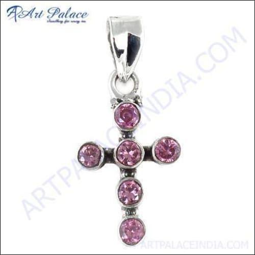 Romantic Pink Cubic Zirconia Cross Silver Pendant featuring sparkling pink stones set in a silver cross design.