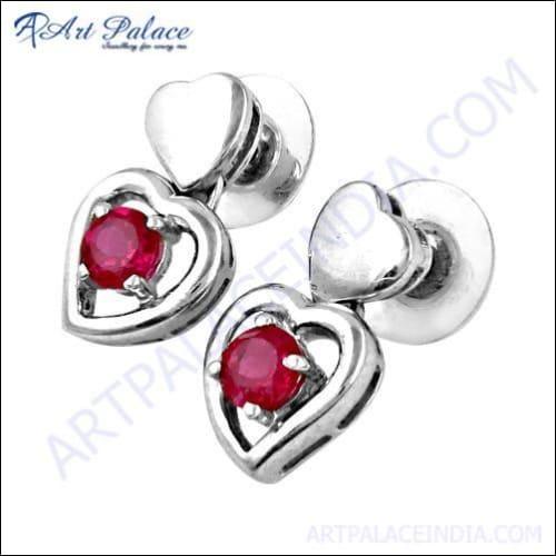 Romantic Red Cubic Zirconia Heart Style Silver Earrings showcasing a sparkling red stone in a heart shape, set in high-quality silver.