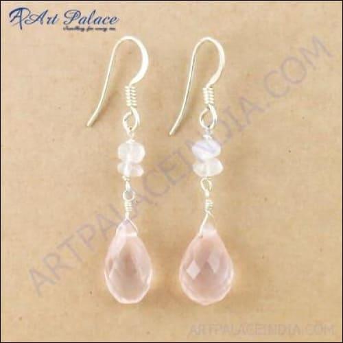 Elegant Romantic Rose Quartz Gemstone Earrings set in 925 sterling silver, showcasing a delicate design with a soft pink hue.