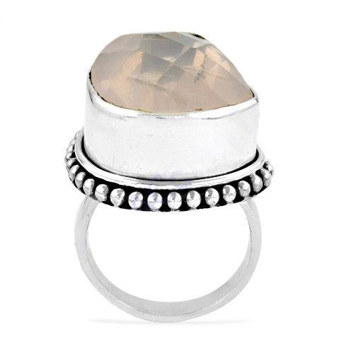 Romantic Rose Quartz Gemstone Silver Designer Ring featuring a pink rose quartz stone set in 925 sterling silver, showcasing intricate design and craftsmanship.