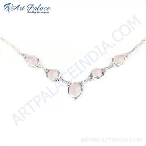 A beautiful Rose Quartz Necklace set in 925 Silver, showcasing delicate pink gemstones and intricate craftsmanship.