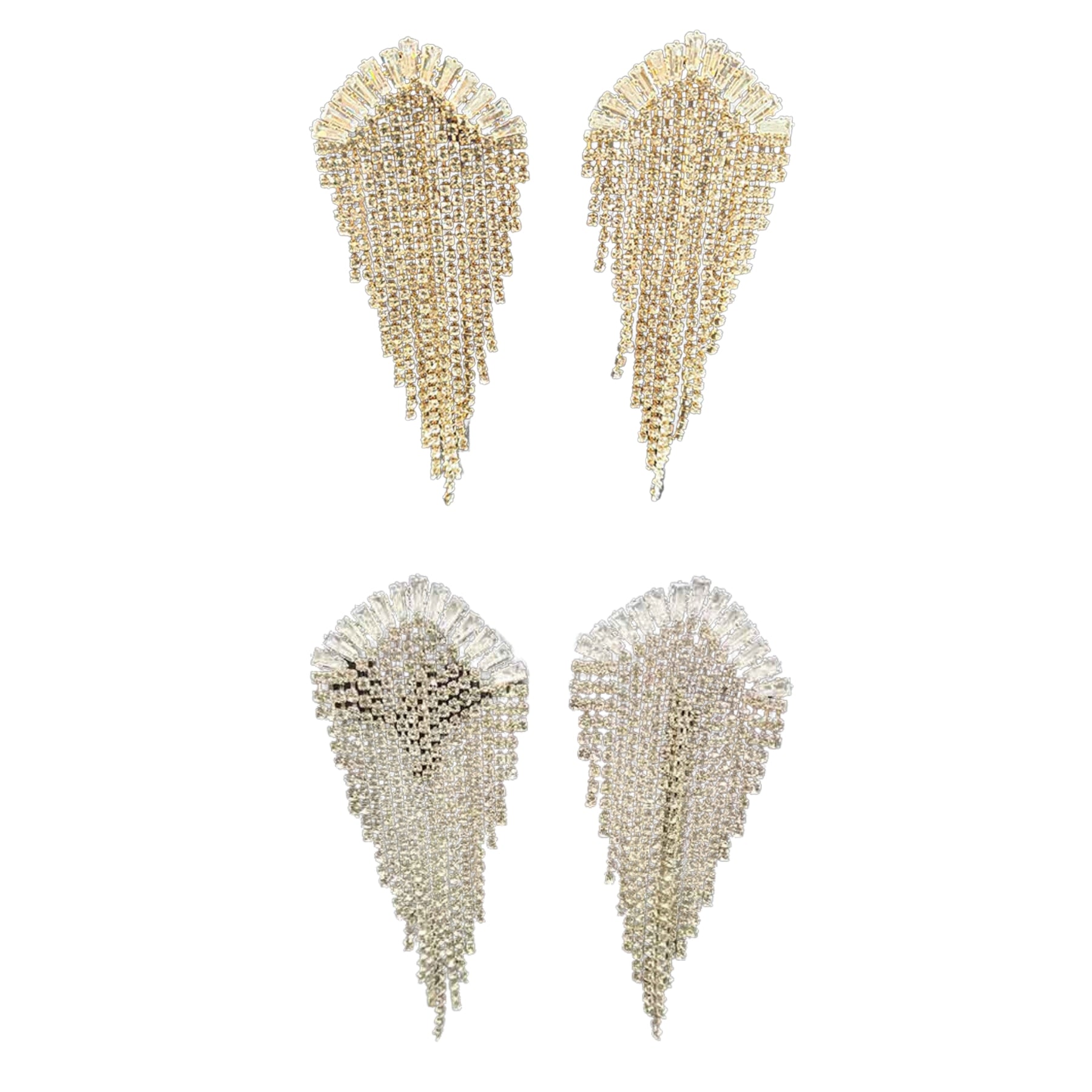 Elegant RS Cubic Zirconia Baguette Curve Earrings with rhinestone fringe, showcasing a modern design perfect for evening wear.