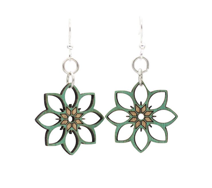 Rue Flower Blossom Earrings #181 made from sustainably sourced wood with silver-finished stainless steel ear wires, showcasing a floral design.