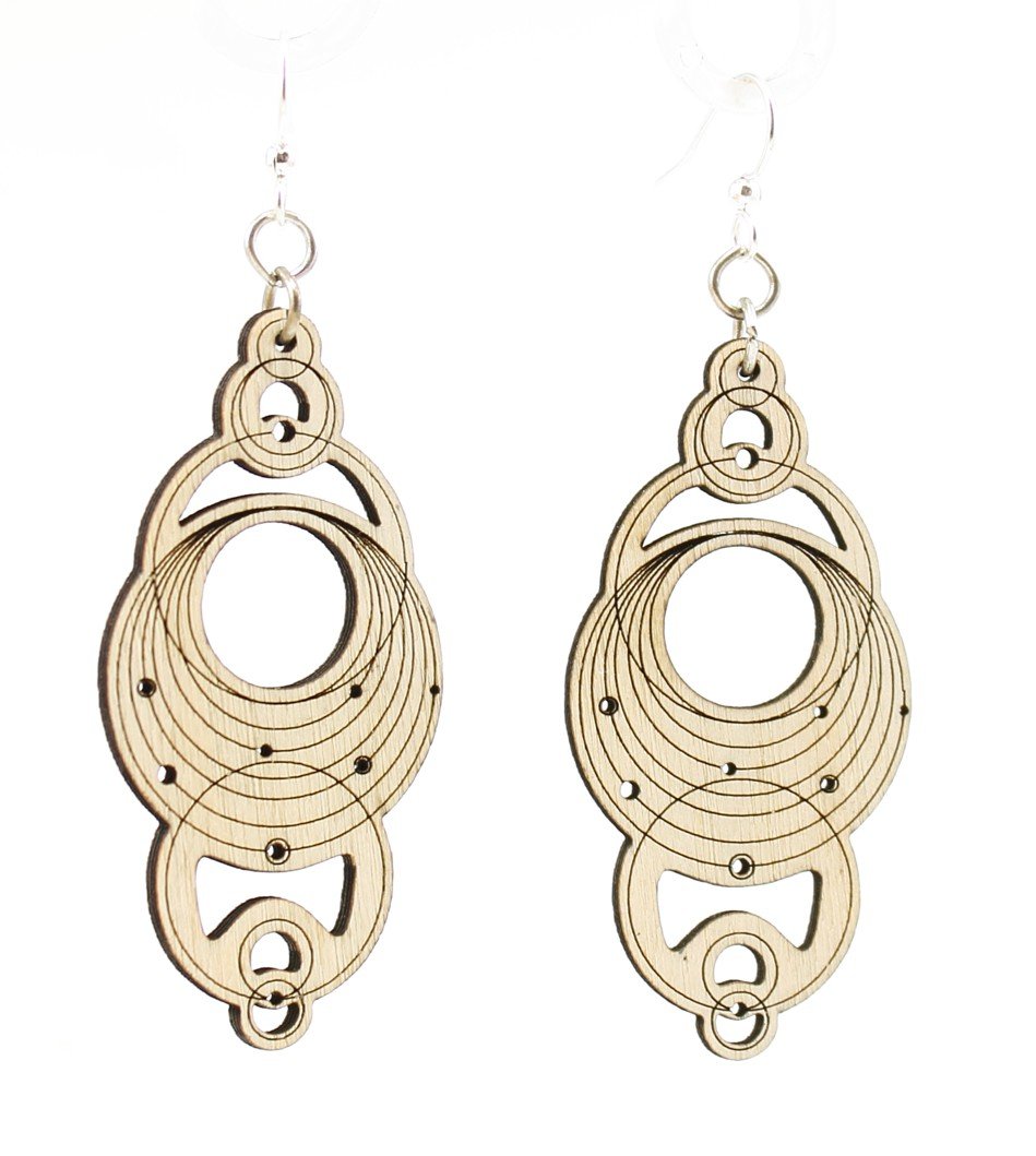 Sacred Circle Earrings #1596 made from sustainably sourced wood with silver-finished stainless steel ear wires, showcasing a unique laser-cut design.