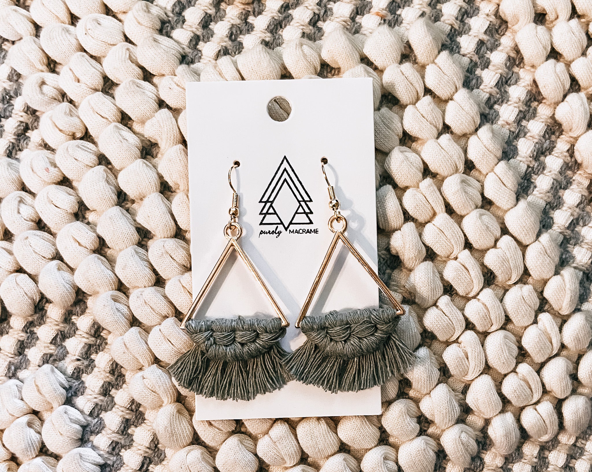 Sage Gold Triangles earrings made of 100% macrame cotton, featuring a lightweight and stylish triangle design.