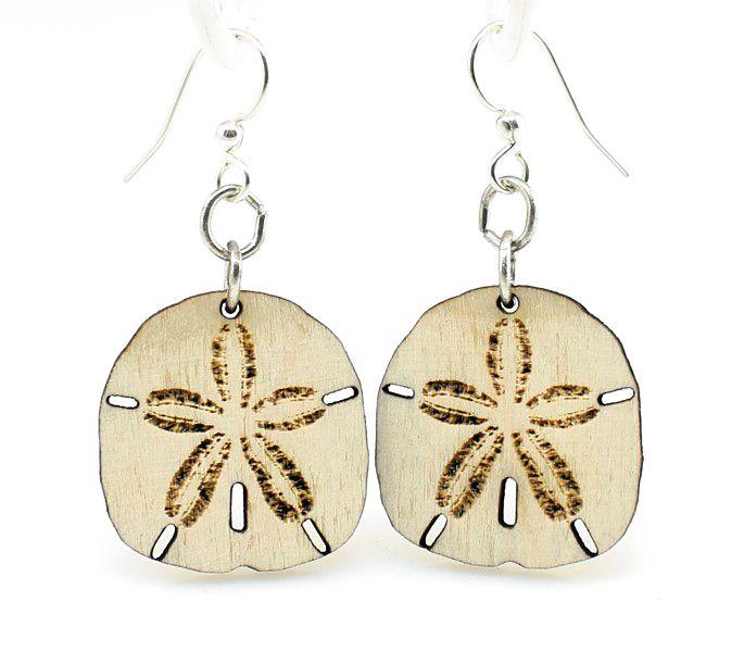 A pair of Sand Dollar Earrings #1195 made from lightweight laser-cut wood, featuring a unique ocean-inspired design with silver-finished stainless steel ear wires.