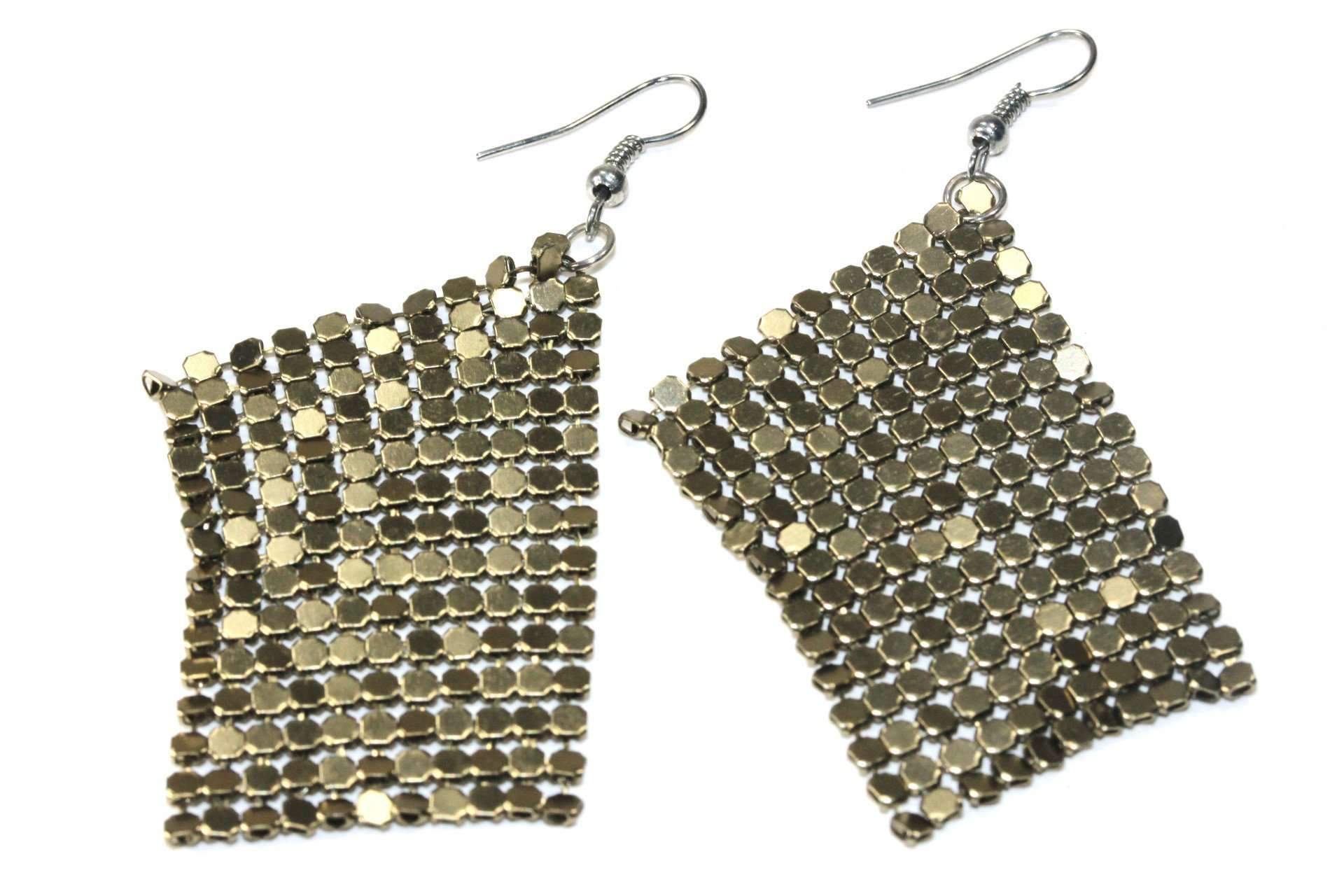 A pair of Shimmer Mesh Earrings featuring a stylish 2.5-inch drop design, crafted from durable base metal, available in multiple trendy colors.