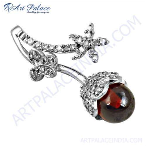 Shiny Cubic Zirconia Garnet Silver Pendant featuring sparkling CZ stones and deep red Garnet set in 925 sterling silver.