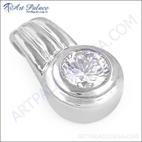Elegant silver pendant featuring a shiny cubic zirconia gemstone, showcasing its brilliance and craftsmanship.