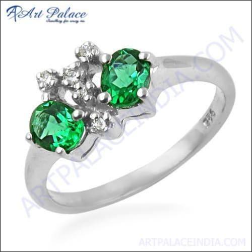 Elegant Shiny Green & White Cubic Zirconia Gemstone Silver Ring showcasing intricate design and sparkling stones.