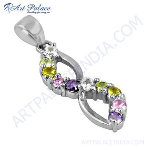 Shiny multi-color cubic zirconia silver pendant showcasing vibrant stones and elegant design.
